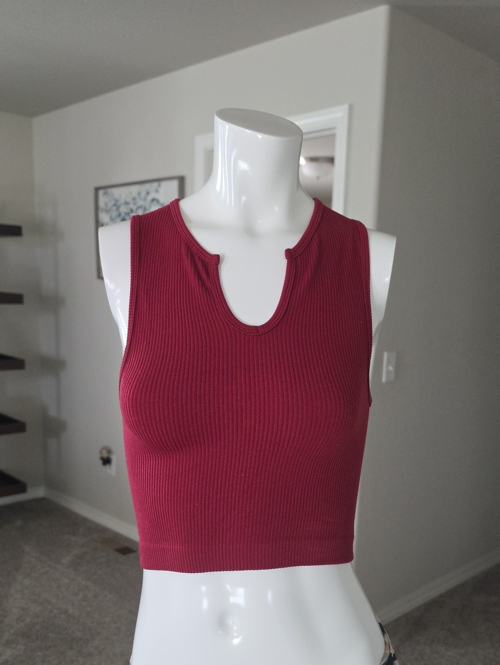 Notch-Neck Ribbed Crop Tank Top - Burgundy